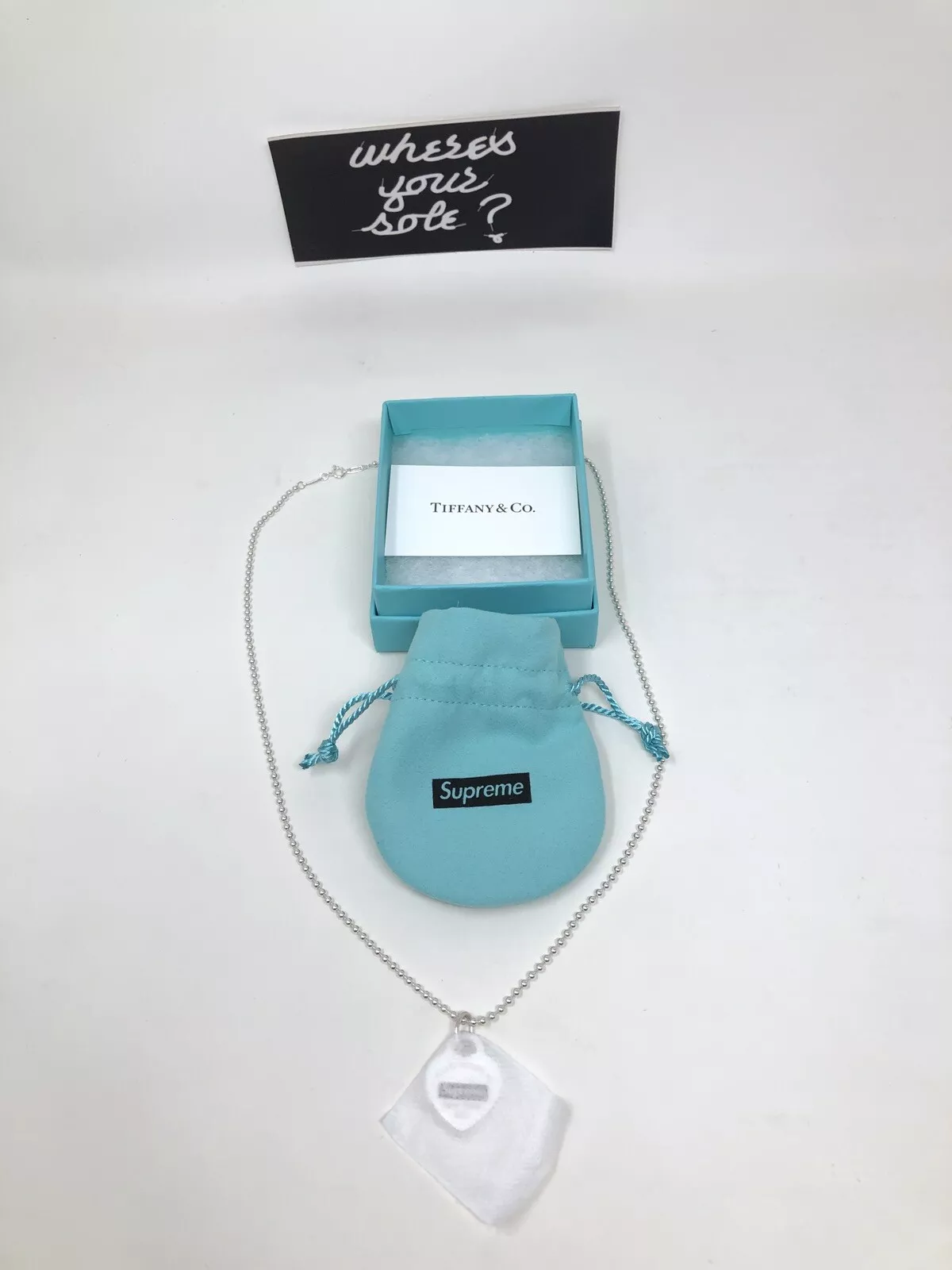 Collier pendentif chaîne étiquette cœur Supreme Tiffany & Co neuf FW21
