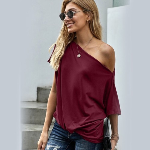 Fashionable Cold Shoulder T-Shirt for Women Short Dolman Sleeve Irregular Blouse - Picture 6 of 38