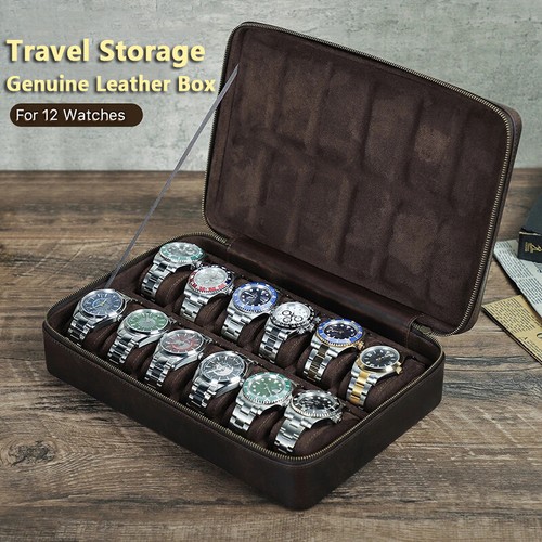12 Slots Genuine Leather Watch Box Display Case Watches Storage Organizer Holder - Picture 10 of 12