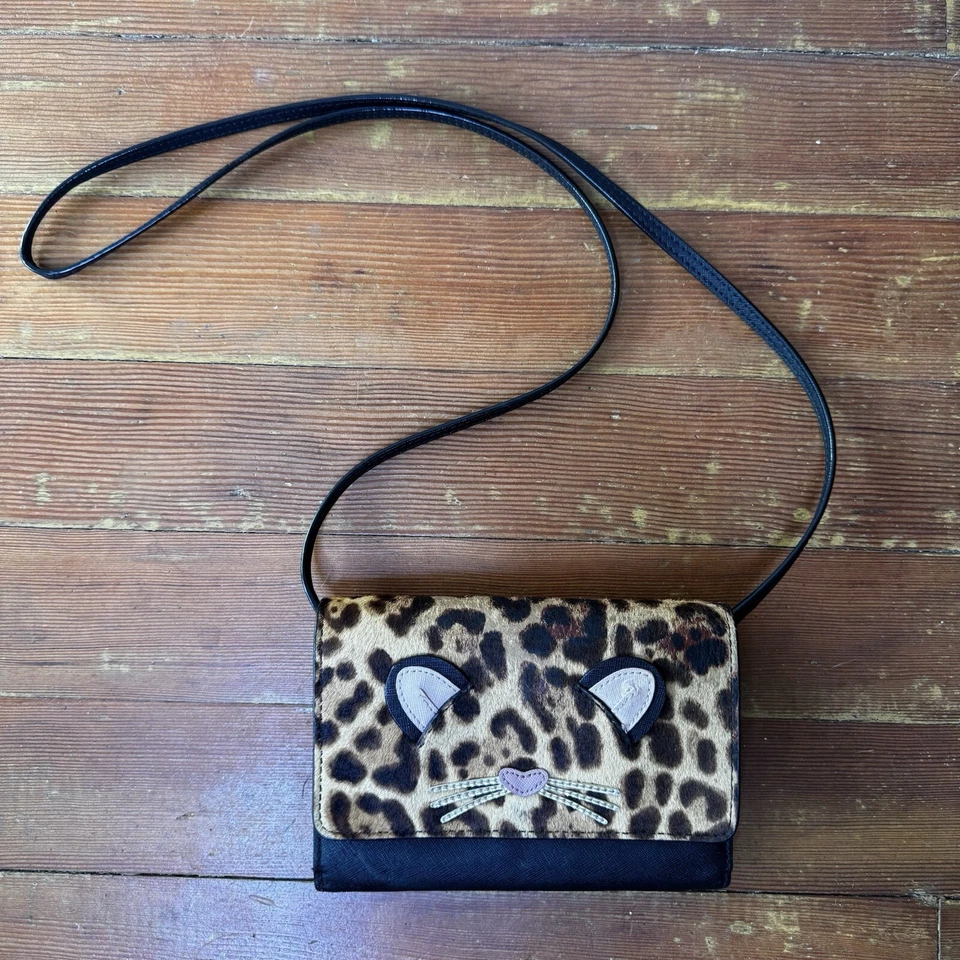 KATE SPADE NY Run Wild Leather Crossbody Leopard Faux Fur Kitty Cat Bag Purse S - Image 2 of 4