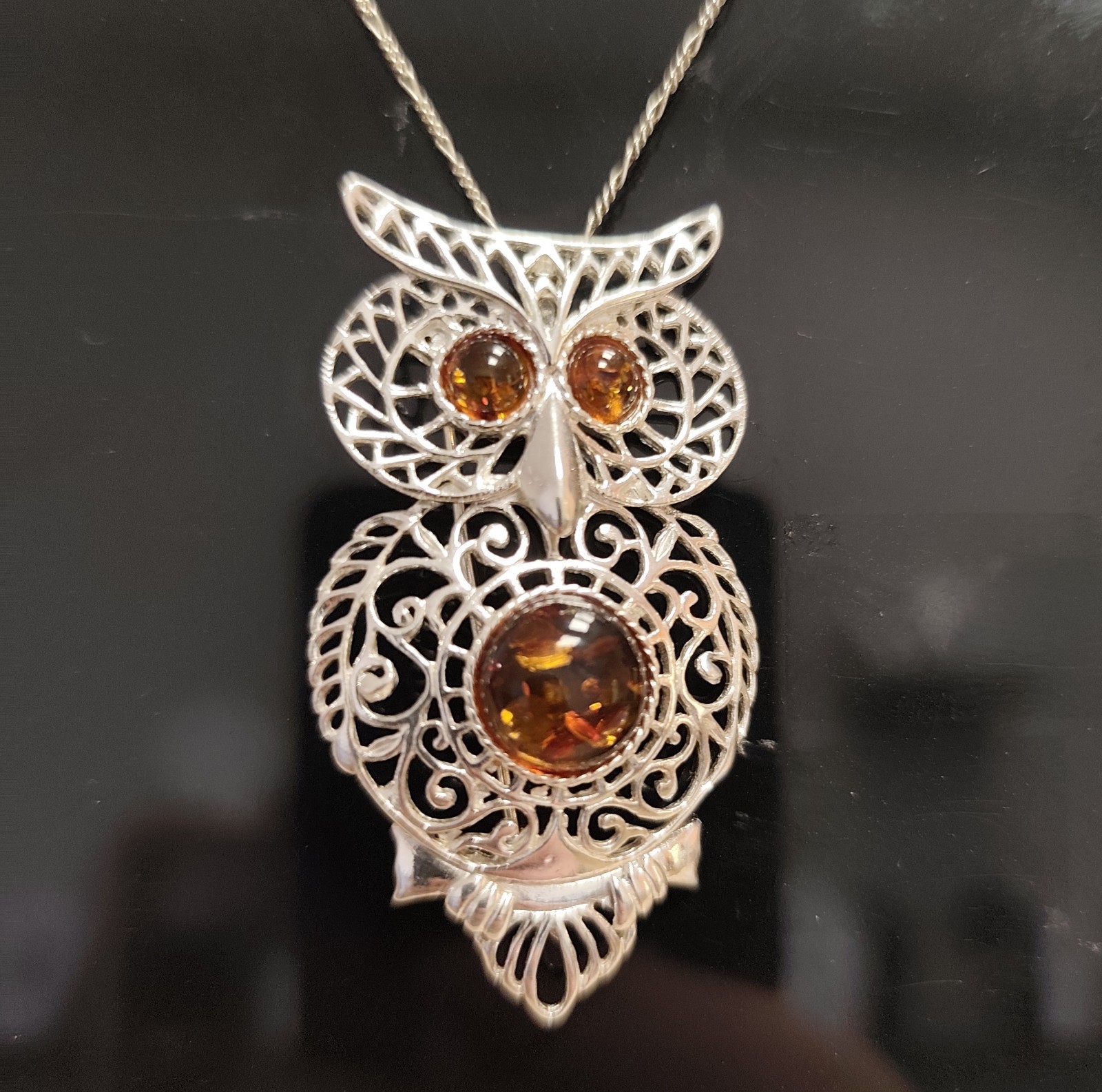 Pendentif Broche Chouette en Argent 925 et Ambre Naturel Véritable de la Baltique