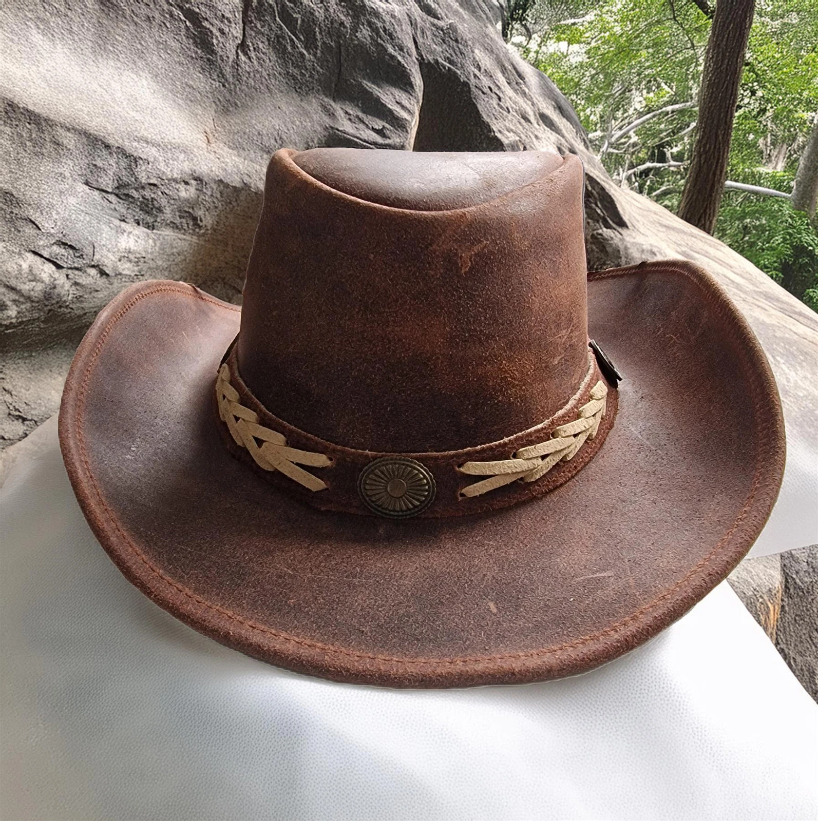 Real Leather Hide Australian Style Western Cowboy Crazy Distressed Tan Bush Hat