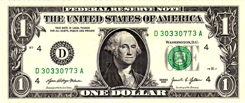 $1 2021 Fancy Serial  Uncirulated CU D30330773A