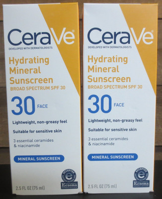 CeraVe Hydrating Mineral Face Sunscreen Lotion   SPF 30 - 2 BOXES 2.5 OZ EACH