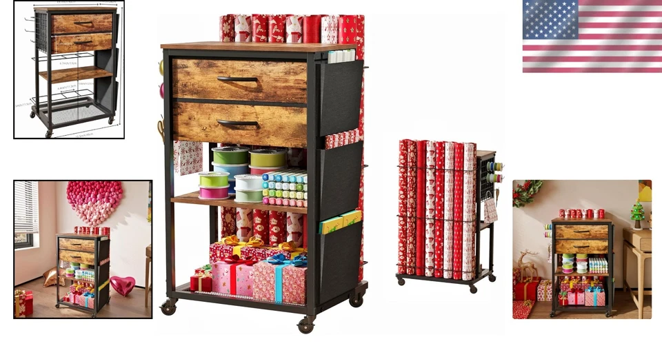 Carrinho de armazenamento de papel de embrulho com fitas organizador de presente estação de artesanato - Imagem 2 de 4