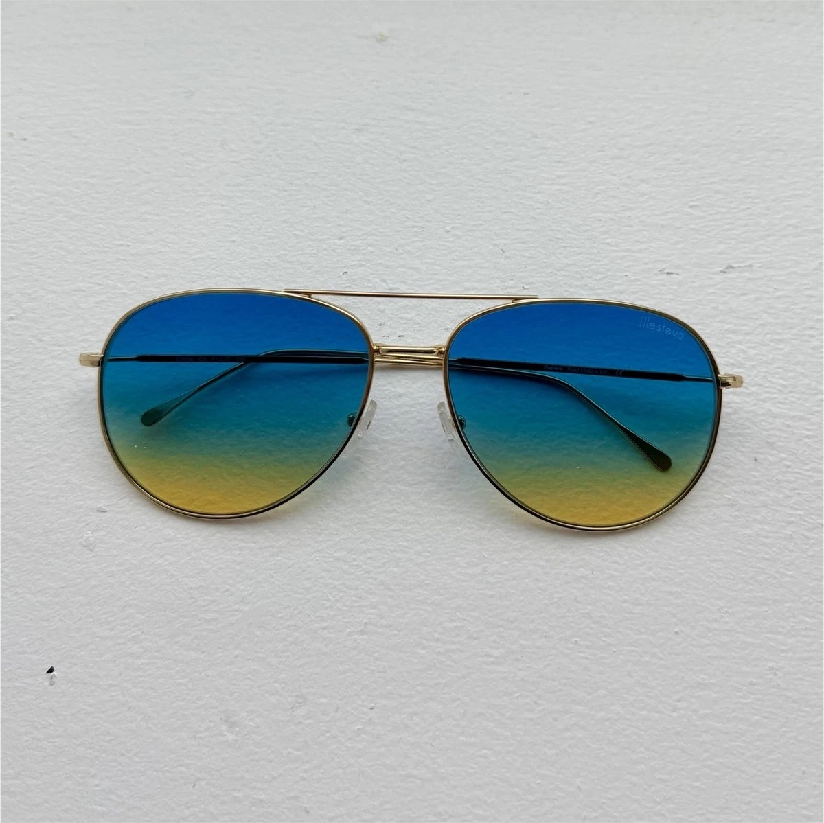 Illesteva Gold Wire Aviator Sunglasses Blue Yellow Sunset Gradient Lens Gold Lightweight Flexible Aviator Gradient Sunglasses with  main image 3