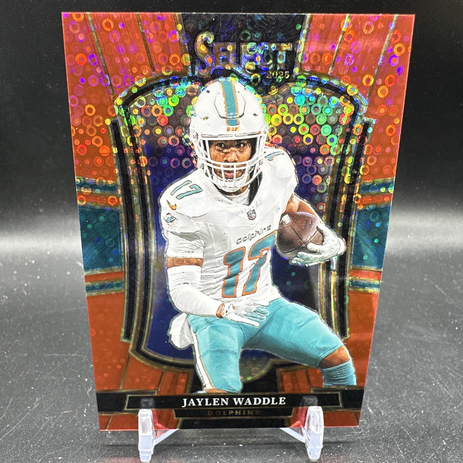 JAYLEN WADDLE Red Disco Prizm /49 2025 Panini Select #182 Miami Dolphins