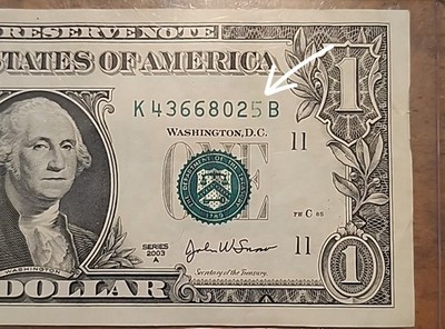 Insufficient Ink Error 3rd Print 2003A $1 Dollar Partial Missing Serial Number 5
