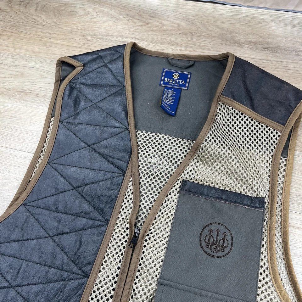 Beretta Shooting Vest Mens Large Mesh Leather Brown Clays Shell Pocket Fish - Image 2 of 4