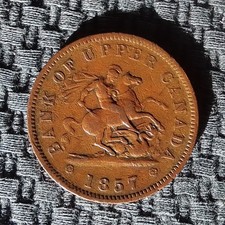 1857 Bank of Upper Canada  Dragonslayer  One Penny Token G-6 With Nicer Obverse 