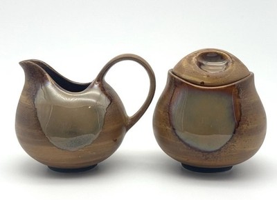 Sango Splash 4951 Creamer & Sugar Bowl Set Brown Drip Glaze Pottery Stoneware