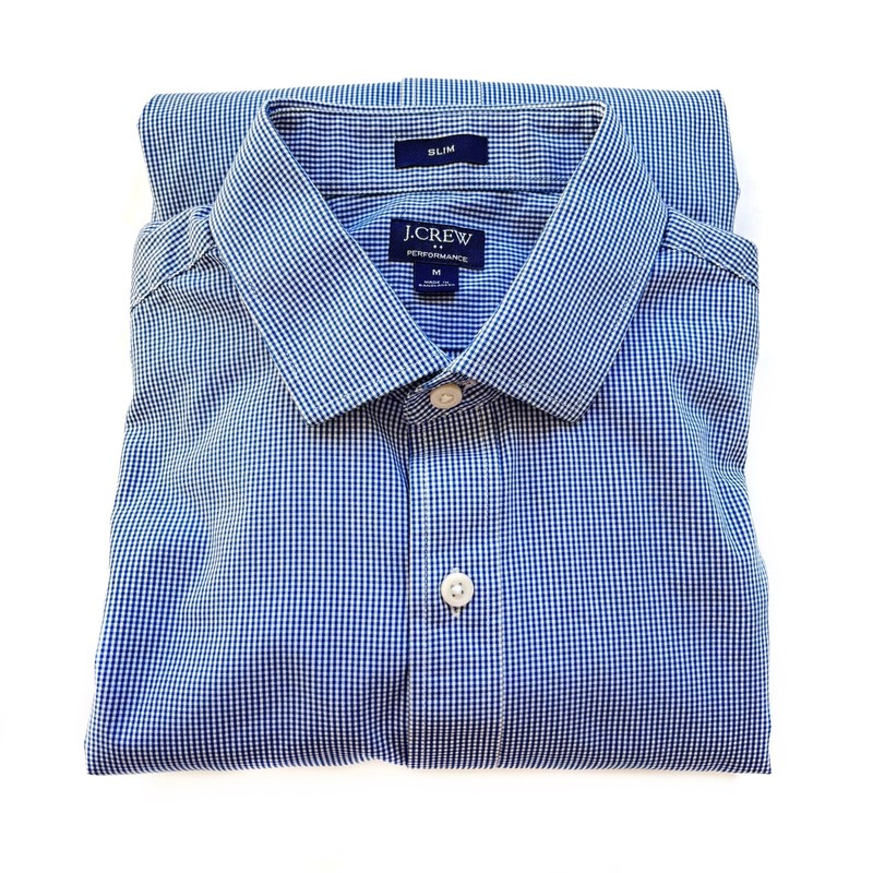 Mens M J Crew Slim Fit Performance Dress Shirt Blue & White Check Spread Collar