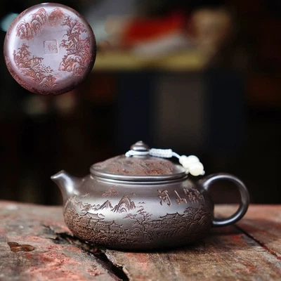 ALHERFF Yixing Zisha Tea Pot "Lone Boat On Cold River" Landscape Design Handmade Pot New
