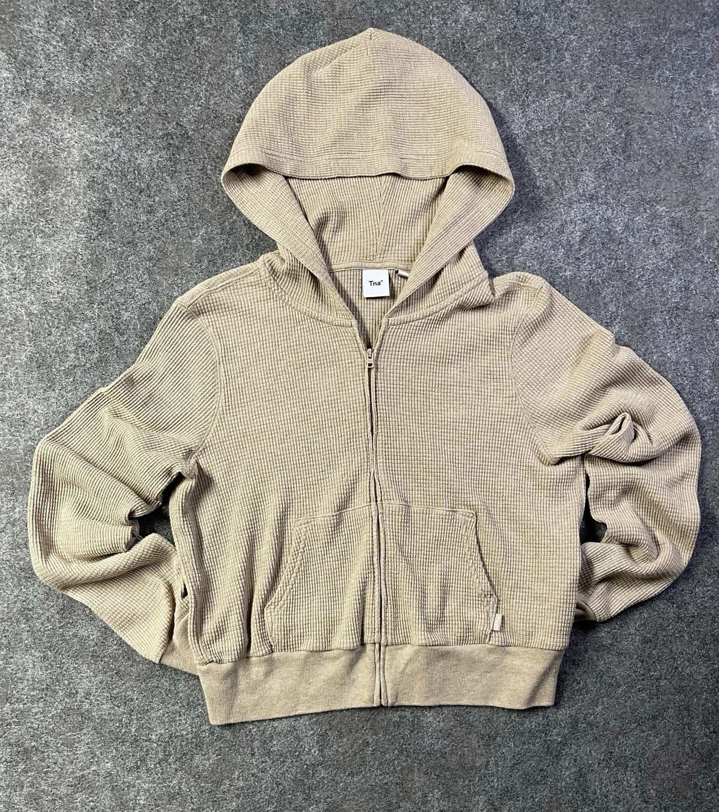 ARITZIA TNA Women's Khaki Waffle Knit Zip-Up Crop Thermal Hoodie Sz Small