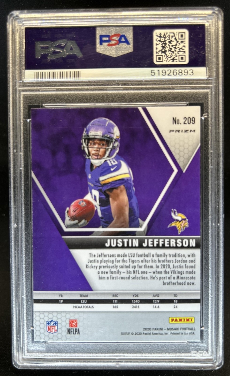 2020 Panini Mosaic Justin Jefferson Prizm Green Rookie RC #209 Vikings PSA 10 view 2
