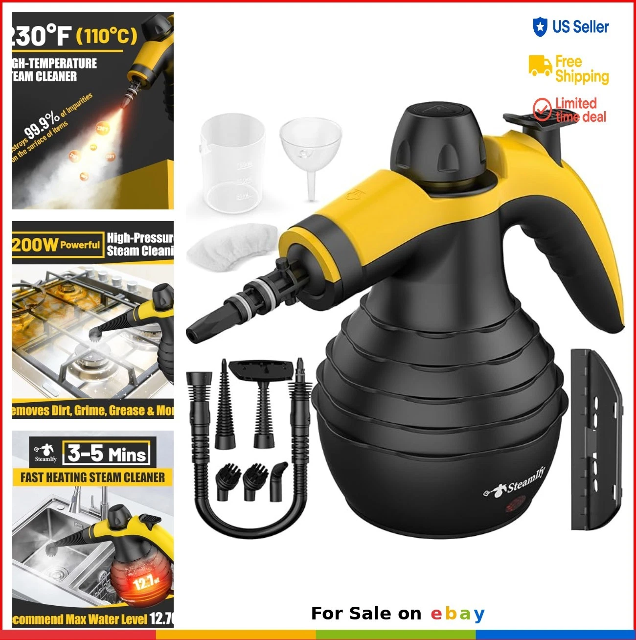 Handheld Steam Cleaner 1050W 230F 10 Accessories Safety Lock for Home Car
