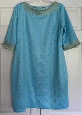 Gretchen Scott Jersey Embroidered Rocket Girl Dress Blue Gold Preppy Artsy Sz M