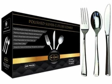 300 Piece Silver Plastic Silverware, Reusable, Forks, Spoon, Knives, 100 Each