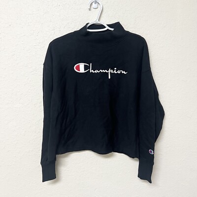 Champion Reverse Weave Crew Neck Sweatshirt Black Cropped Womens Size S 