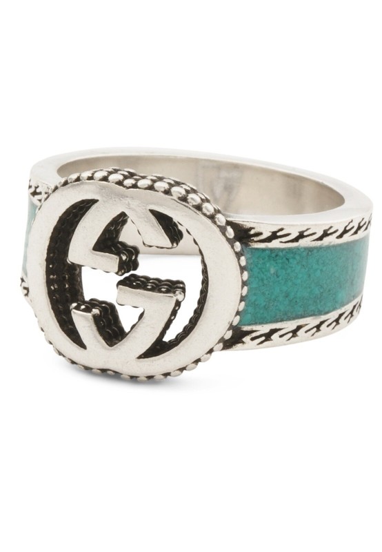 Gucci Silver Enamel Interlocking Ring, Size 7