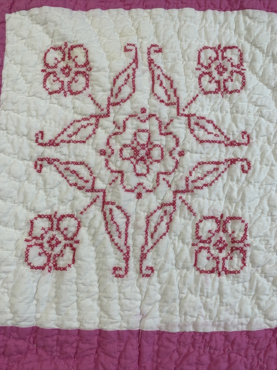 Vintage Quilt Embroidered 65x80 Hand Quilted Cross-Stitch Pink | eBay