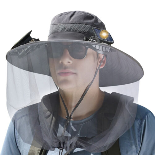 Solar & USB Fan Hat With Mosquito Head Net Wide Brim Outdoor Fishing Sun Hat Men - Picture 11 of 12