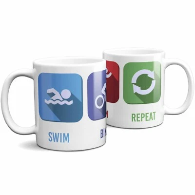 BAD ZEBEDEE Swim Bike Run Repeat Mug | Funny Triathlon Ironman Icons Cup