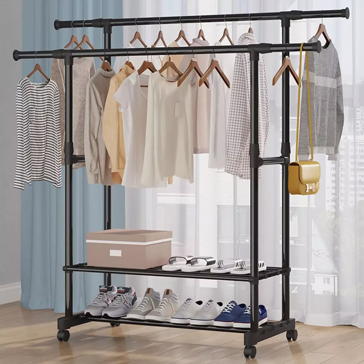 Heavy Duty Clothing Garment Rack Rolling Clothes Organizer Double Rails  Hanging