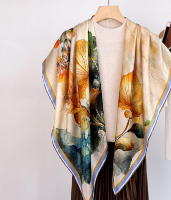 Sallys 100% Mulberry Silk Wrap Shawl ginkgo leaf Print Square Scarf 43''new