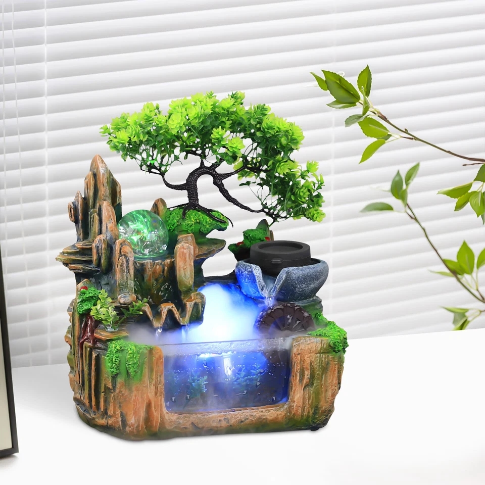 Tabletop Rockery Water Fountain Indoor Waterfall LED Light Home Feng Shui Decor - Image 3 of 4