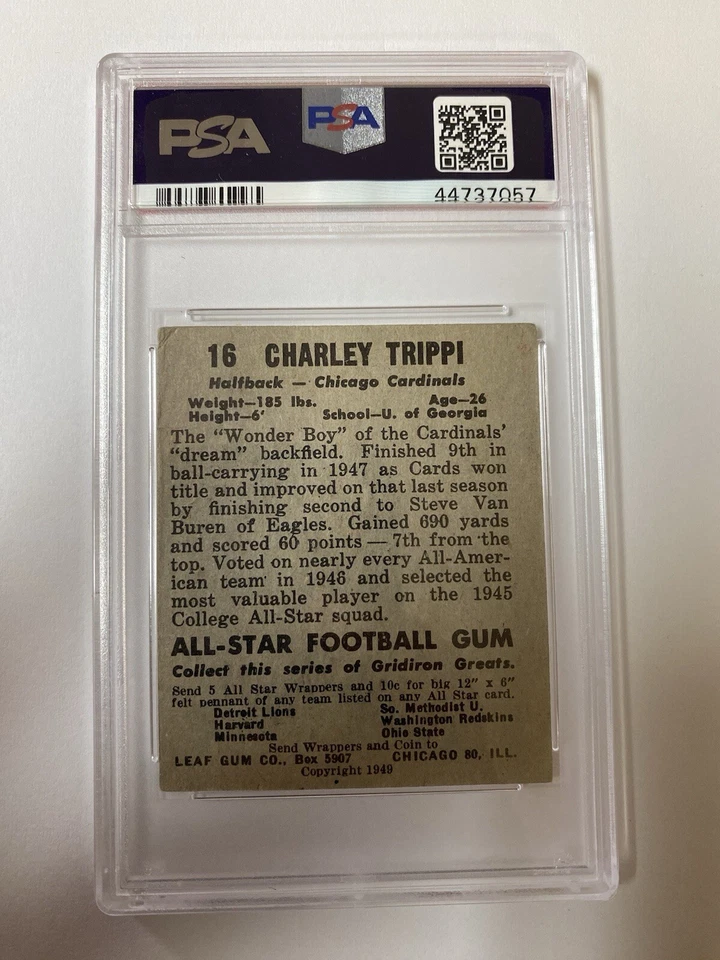 1949 Leaf #16 Charley Trippi Signed HOF 2nd Year Card PSA 2 Auto 10 Cardinals RC - Image 2 of 2