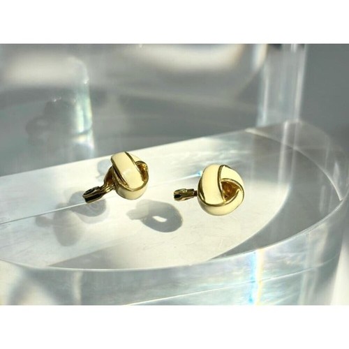 Vintage Ivory Enamel Braided Tiny Classy Monet Signed Clip On Stud Earrings - Imagen 5 de 7