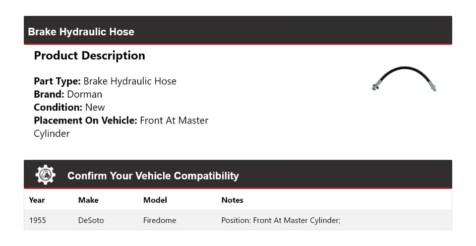 Manguera hidráulica de freno delantera en cilindro maestro DeSoto Firedome Dorman 1955 Foto 2 de 4
