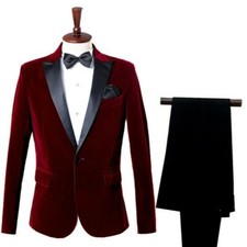 Mens Velvet Suit Jacket and Pants Set Groom Wedding Prom Party Dress Costume Top