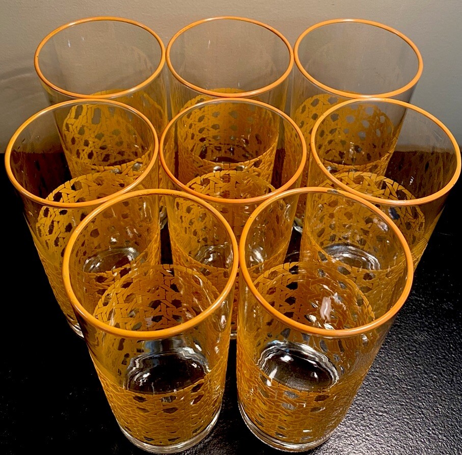 VTG 70’s Rare Libby Set of 14 Cane Style Tom Collins Glasses Lazy Susan Barware