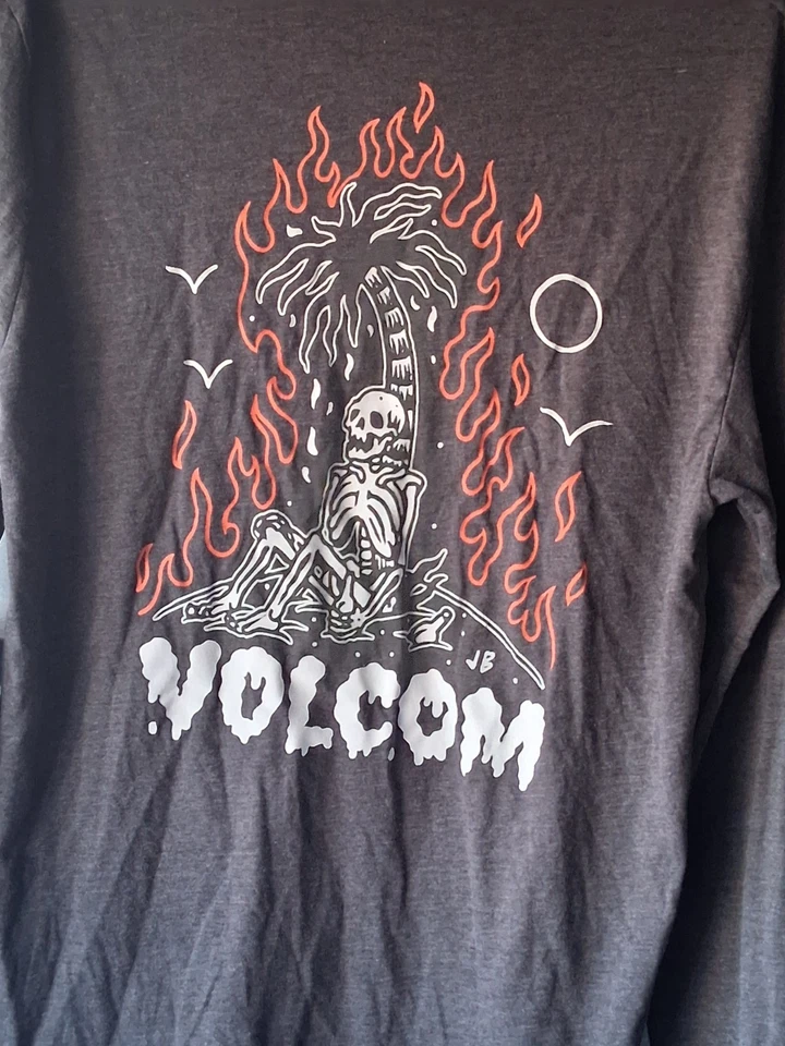 Volcom Mens Medium Dark Gray Long Sleeve Flames Skeleton Palm Tree Graphic Surf - Image 4 of 4