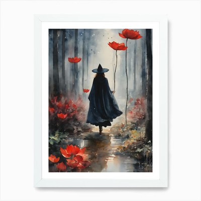 Hexe läuft im roten Lotuswald ~ gerahmtes Wandbild Poster Leinwanddruck Bild