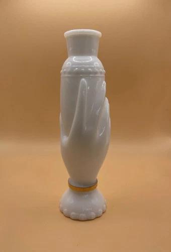 Avon Milk Glass Hand Holding Vase 1960's Gold Band Charisma Bottle 6" Vintage