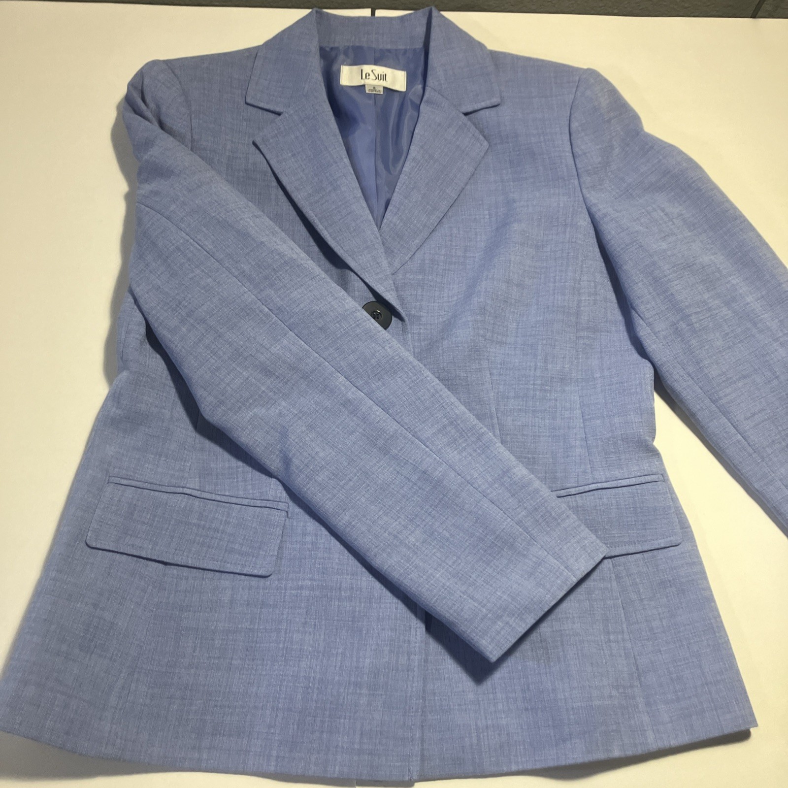 Le Suit Jacket Blazer Sz 8 Blue Textured Pockets Lined Business Formal