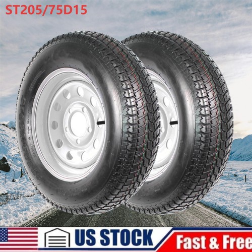 Set of 2 Trailer Tire On Rim ST205/75D15 LRC 5 Lug 5x4.5 Silver Modular Wheel