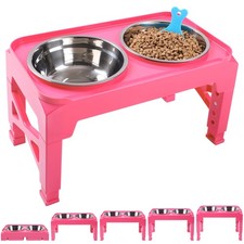Pink Elevated Dog Bowls 2 Stainless Steel Food Water Scoop Adjust 5 Heights