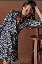 Sezane Asianne Cara Dress Size 46 18AU/UK-14US  Blue Ditsy Floral Wrap Mini BNWT