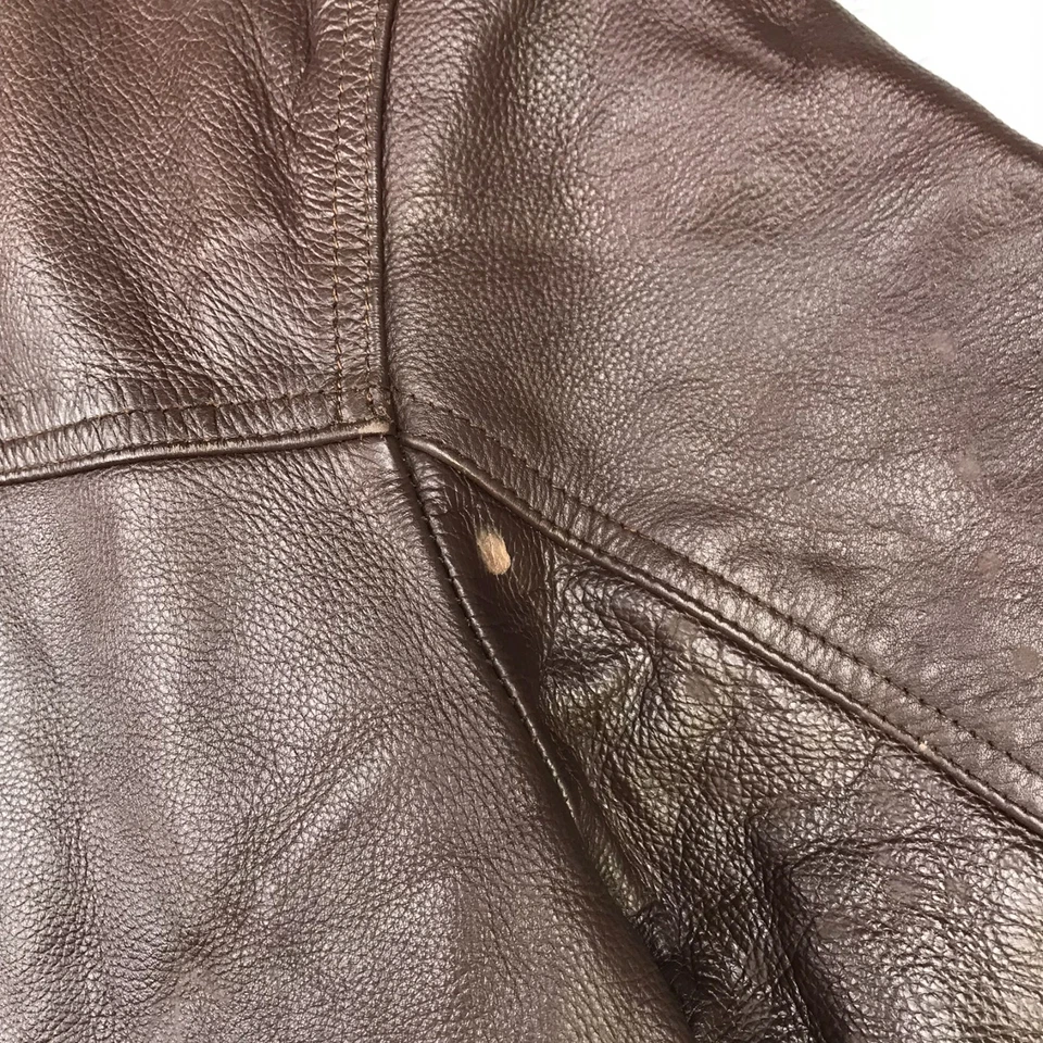 复古 J Crew 皮革夹克男式 M 棕色羊毛衬里纽扣轰炸机 *有缺陷 — 第 3/4 张图片