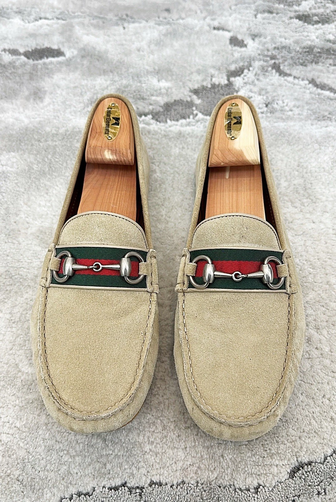 Authentique mocassin homme Gucci Web argent Horsebit beige daim US9 EU42,5 UK8,5