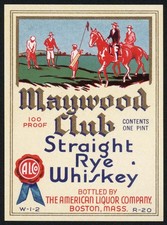 Vintage label MAYWOOD CLUB Whiskey golfing picture American Liquor Boston nrmt+