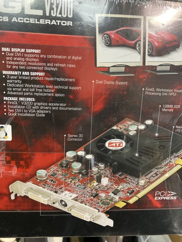 ATI FireGL V3200 PCI-e 128MB Dual DVI Video Graphics Card Sealed - Image 4 of 4