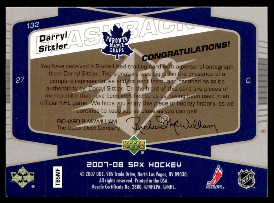 2007-08 SPx Flashback Fabrics Autograph Darryl Sittler Auto Toronto Maple Leafs - Image 2 of 2