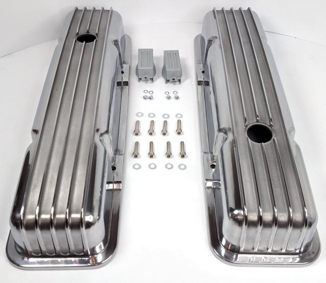 Small Block Chevy Nostalgic Polished Aluminum Finned Short Valve Covers