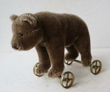 Steiff Teddy Bear on Metal Wheels Mohair Replica 1905 Museum Collection 1984