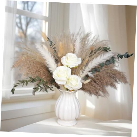 100PCS Dried Flowers with Vase, Pampas Grass Decor with Vase, Centerpiece-image